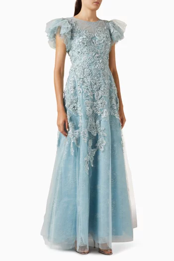 Floral Sheer Neckline Gown in Mesh