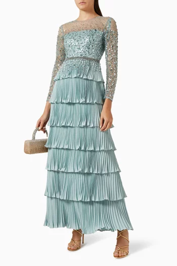 Beaded Ruffle Gown in Crepe