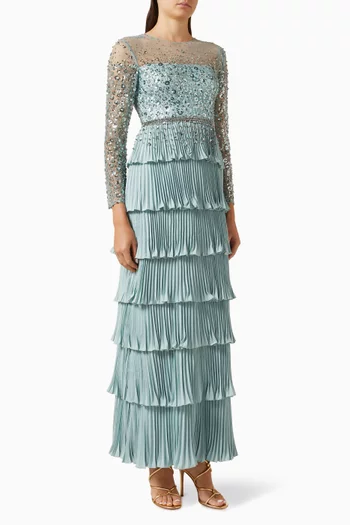 Beaded Ruffle Gown in Crepe