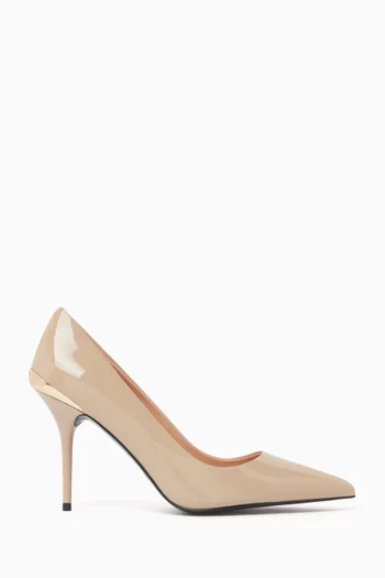 GOLDEN SPOILER POINTED TOE PUMPS WITH STILETTO HIGH HEEL IN 95MM IN PATENT LEATHER WITH GOLD DETAIL ON THE BACK:BEIGE:39|219844528