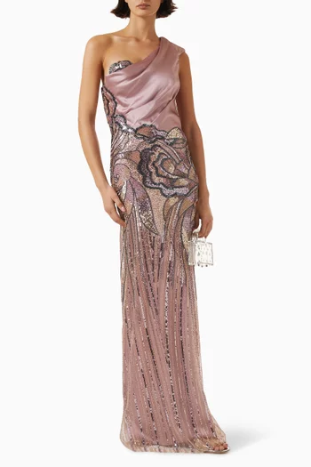 Embellished One-shoulder Gown in Satin