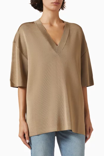 Short-sleeve V-neck Sweater in Double-face Knit
