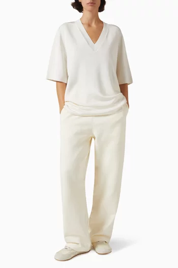 Short-sleeve V-neck Sweater in Double-face Knit