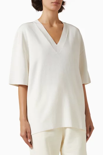 Short-sleeve V-neck Sweater in Double-face Knit