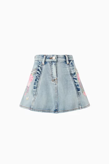 Floral Embroidered Skirt in Denim