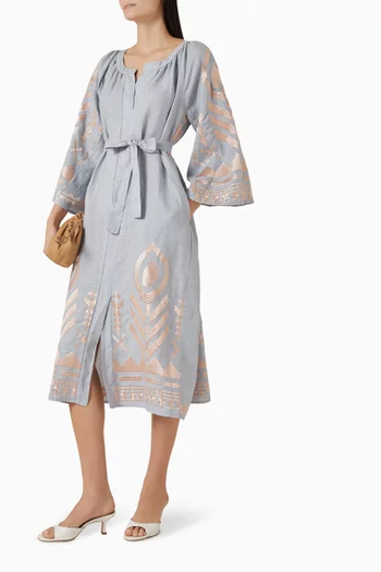 Embroidered Belted Midi Dress