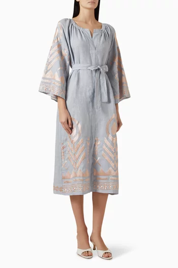 Embroidered Belted Midi Dress