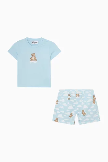 Teddy & Cloud-print T-shirt & Shorts Set