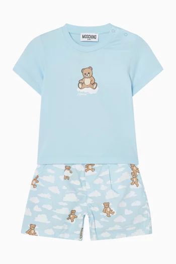 Teddy & Cloud-print T-shirt & Shorts Set