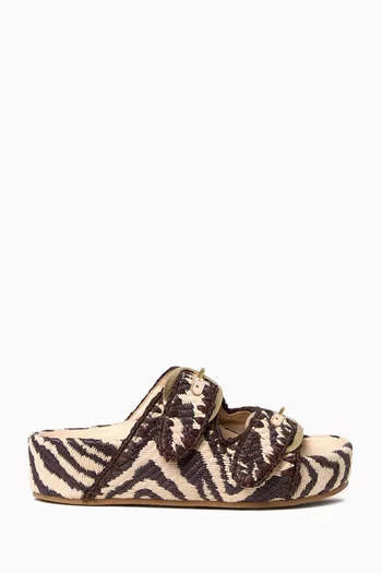 Nico Flat Sandals in Zebra-print Raffia
