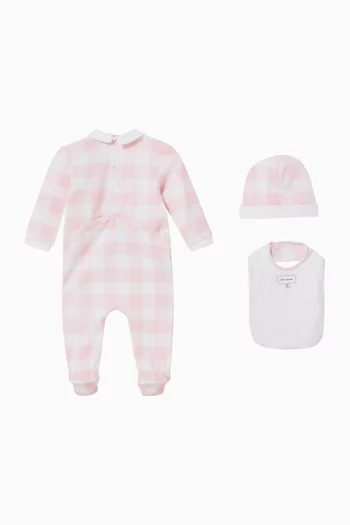 Check-print Sleepsuit, Bib & Beanie Gift Set