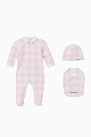 Check-print Sleepsuit, Bib & Beanie Gift Set
