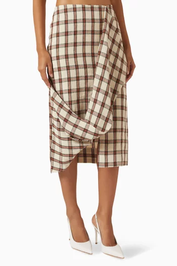 Draped Check Skirt in Linen