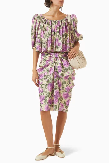 Cropped Puff-sleeve Top in Silk-jacquard