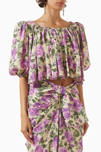 Cropped Puff-sleeve Top in Silk-jacquard