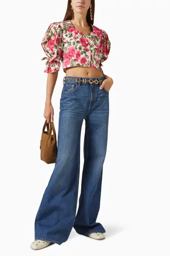 Cropped Floral-Print Top in Cotton-Poplin