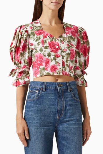 Cropped Floral-Print Top in Cotton-Poplin