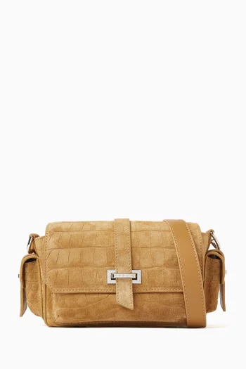 Flap Bag in Crocodile-embossed Suede