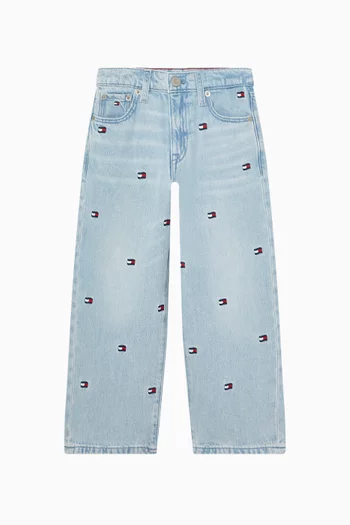 Junior Boy Wavy Flag Embroidery Loose Jeans in Denim