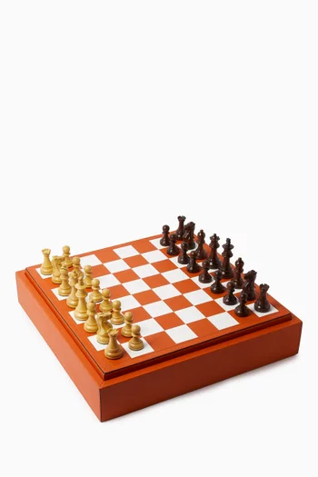 Triple Chess, Draughts & Domino Box in Leather & Wood