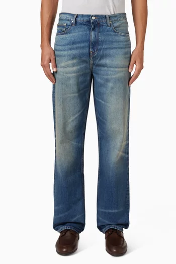 Whiskered Relaxed Straight Leg Jeans in Denim