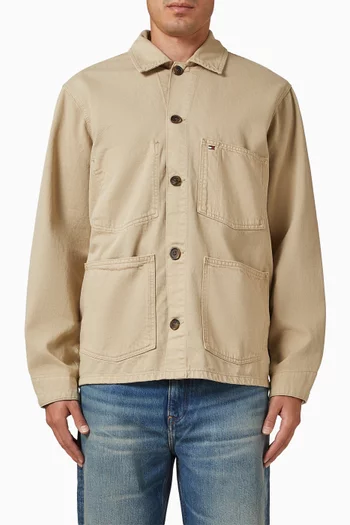 Washed Flag Embroidery Chore Jacket in Denim
