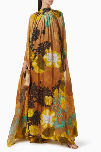 High Collar Maxi Dress in Natural Crepe