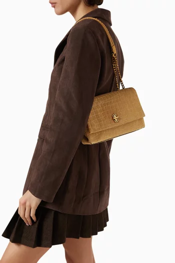The Slim Dual Chain Shoulder Bag in Croc-embossed Suede