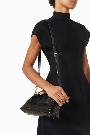 Mini Boomerang Top-handle Bag in Croc-embossed Suede Leather