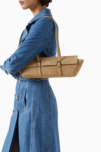 Le Bateau Shoulder Bag in Croc-embossed Suede Leather