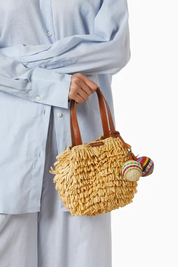 Mini Pom Pom Shoulder Bag in Raffia