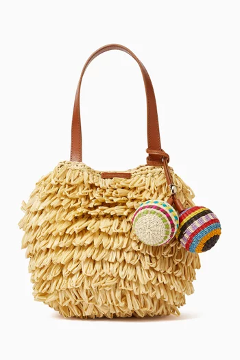 Mini Pom Pom Shoulder Bag in Raffia