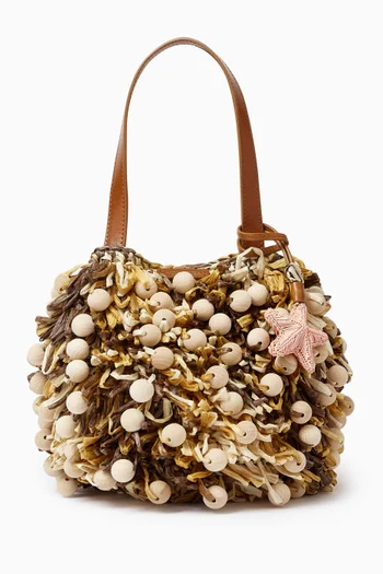 Mini Wood Pom Pom Shoulder Bag in Raffia