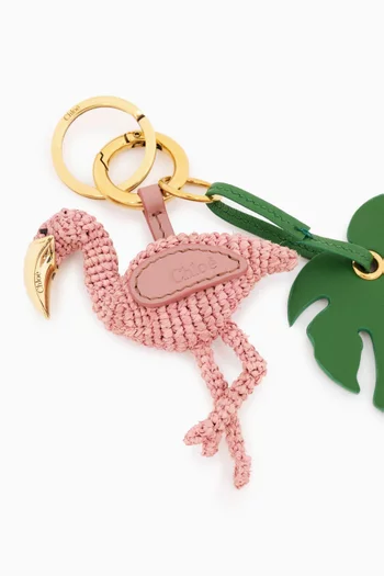 Flamingo Key Ring Bag Charm in Raffia & Calfskin