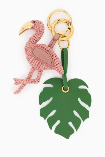 Flamingo Key Ring Bag Charm in Raffia & Calfskin