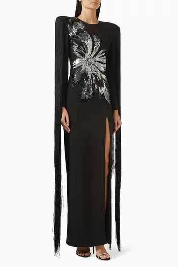Floral Beaded Fringe Gown
