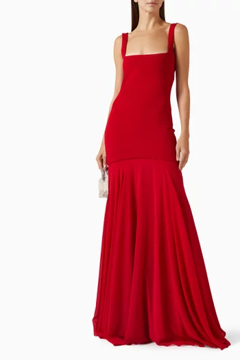 Square Neck Gown in Crepe & Chiffon