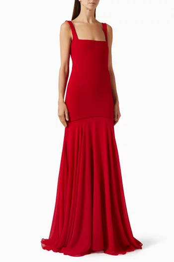 Square Neck Gown in Crepe & Chiffon