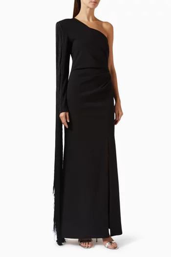 Fringe One Shoulder Gown in Crepe