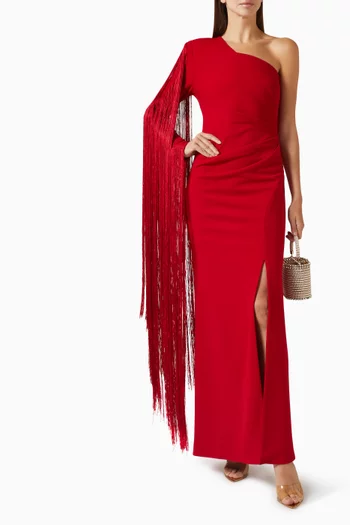 Fringe One Shoulder Gown in Crepe