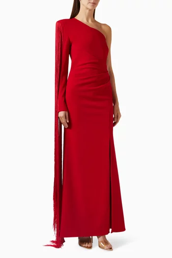 Fringe One Shoulder Gown in Crepe