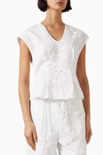 3D-flower Embroidered Top in Cotton Blend