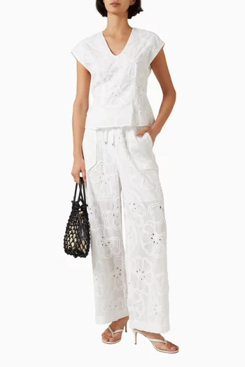 3D-flower Embroidered Pants in Cotton Blend