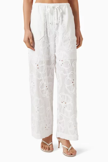 3D-flower Embroidered Pants in Cotton Blend