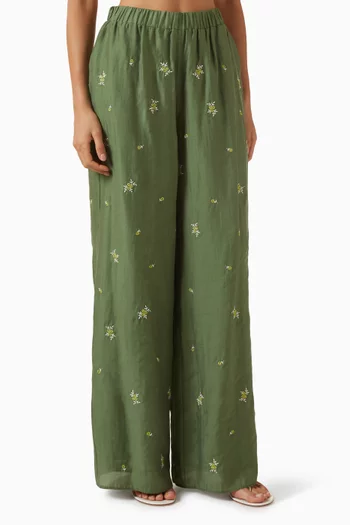 Floral Embroidered Pants in Lyocell-blend