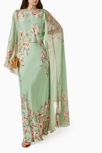 Ruched Floral-print Cape in Viscose Chiffon