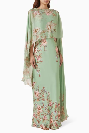 Ruched Floral-print Cape in Viscose Chiffon