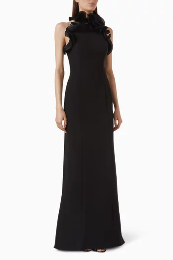 Ruffle Neck Halter Gown in Stretch Crepe Organza