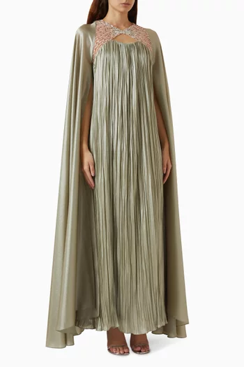 Cape-sleeve Pleated Maxi Dress in Crushed Satin