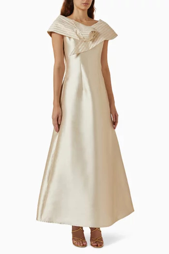 Striped Jacquard Off-shoulder Maxi Dress in Satin